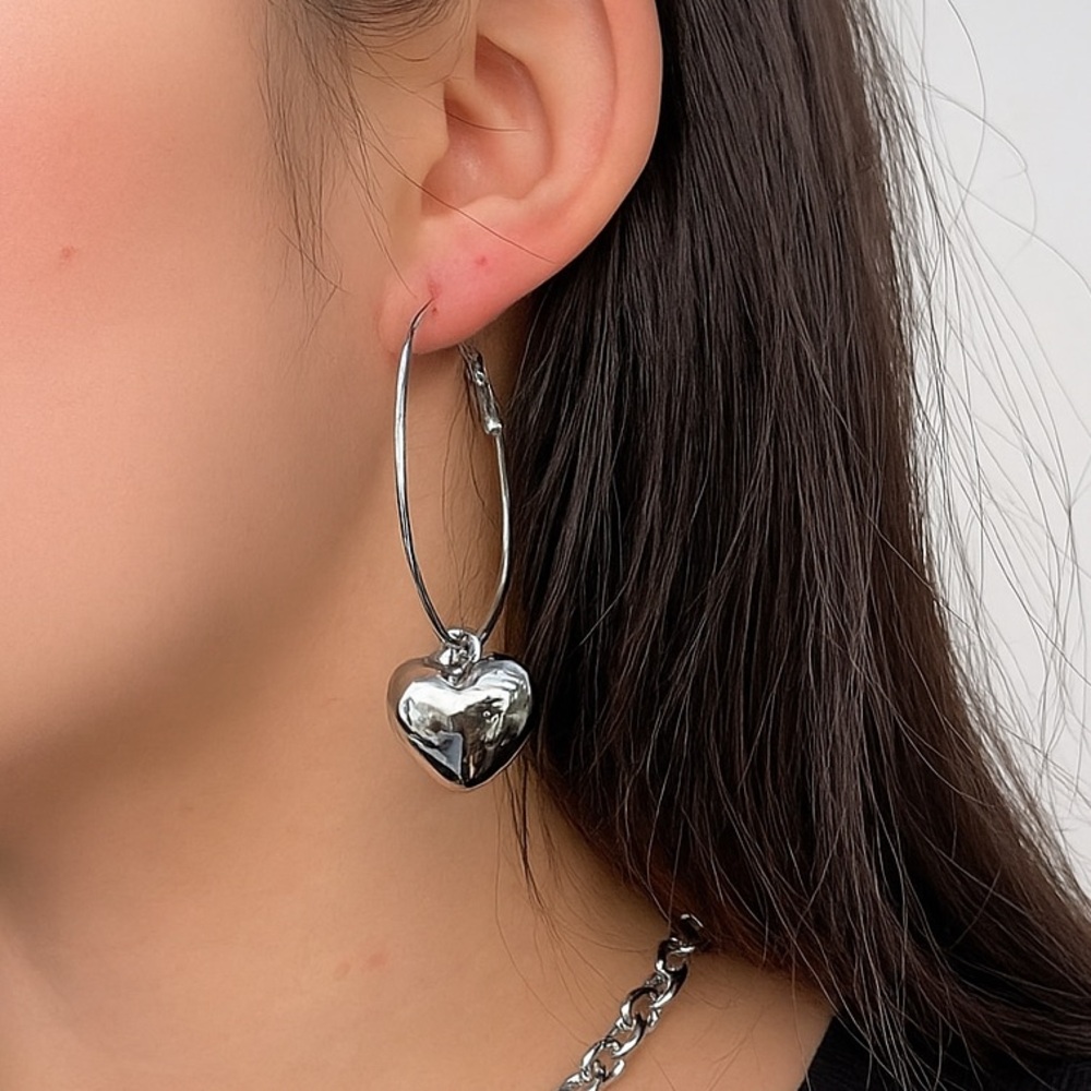 Silvertone Puff Heart Hoop Earrings